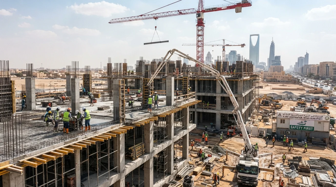 موقع بناء في المملكة العربية السعودية – أعمال الخرسانة المسلحة الإنشائية