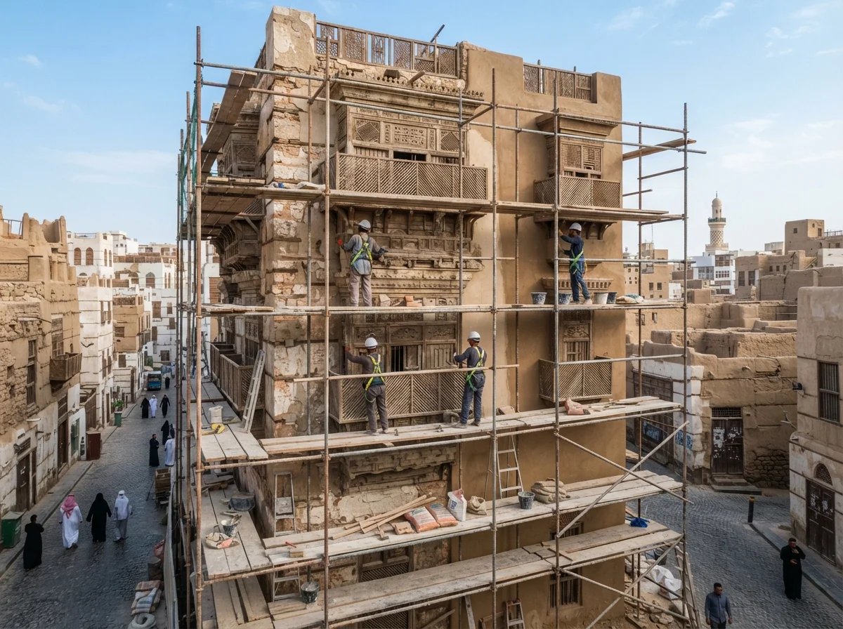 أعمال ترميم مبنى سكني في القصيم – تدعيم إنشائي وتجديد واجهات